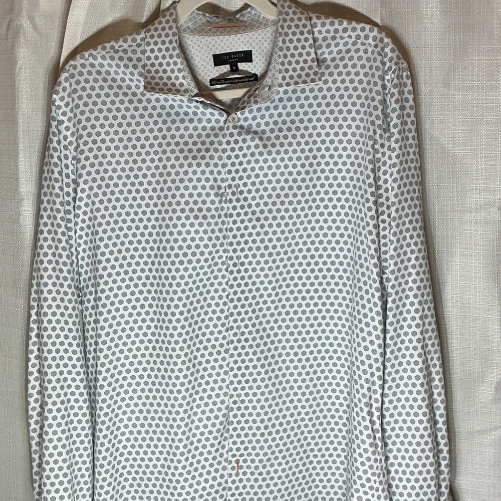 Ted Baker London White and Blue Pattern Polka Dot Shirt